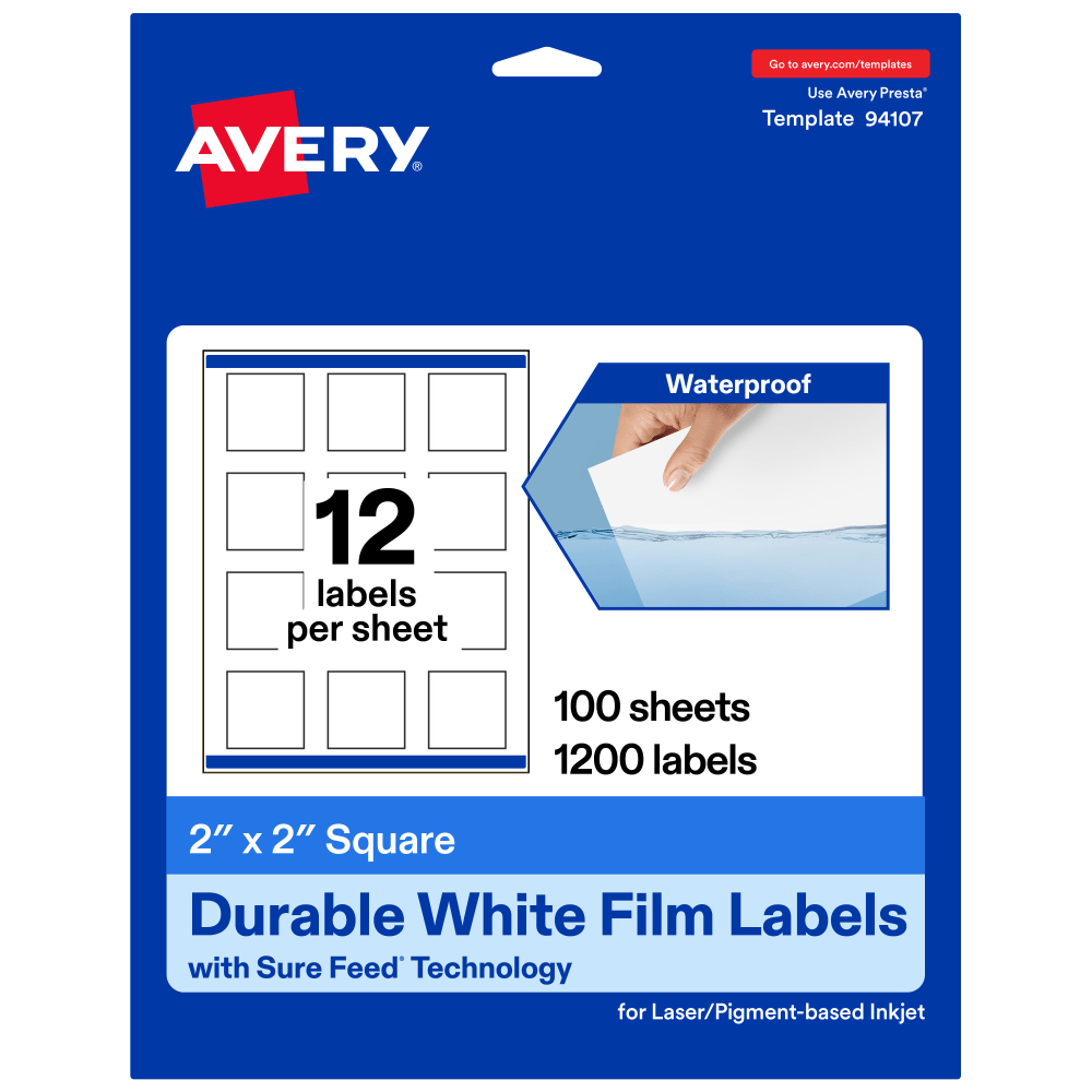 Avery Waterproof Permanent Labels With Sure Feed, 94107-WMF100, Square, 2in x 2in, White, Pack Of 1, 200 MPN:94107-WMF100