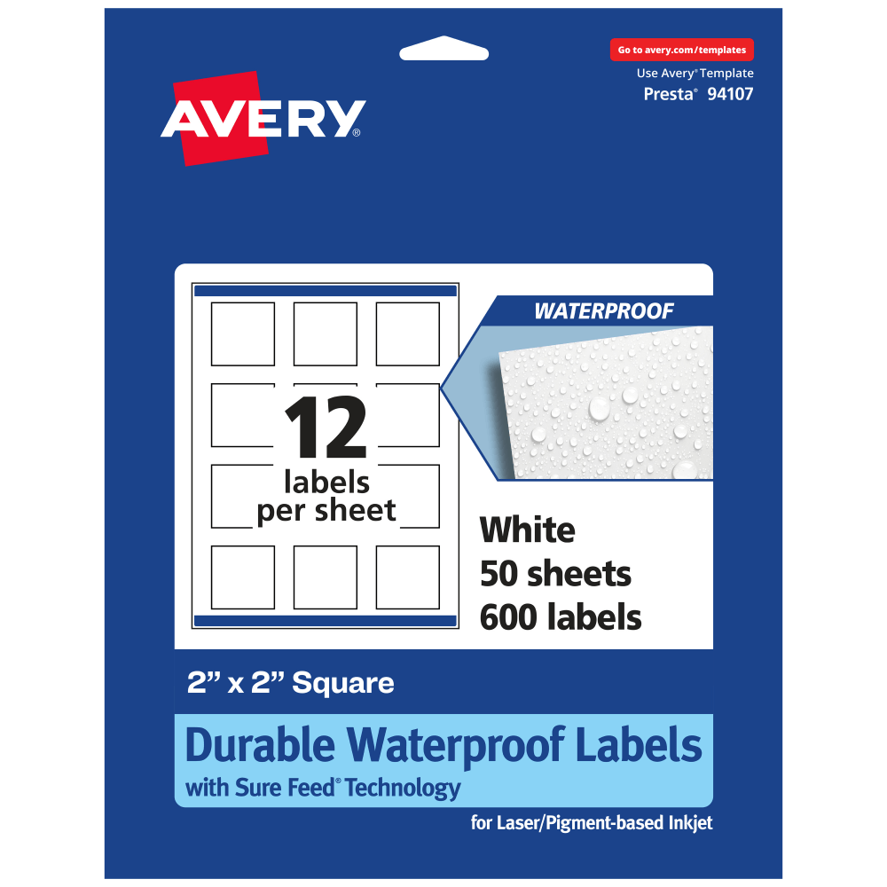Avery Waterproof Permanent Labels With Sure Feed, 94107-WMF50, Square, 2in x 2in, White, Pack Of 600 MPN:94107-WMF50