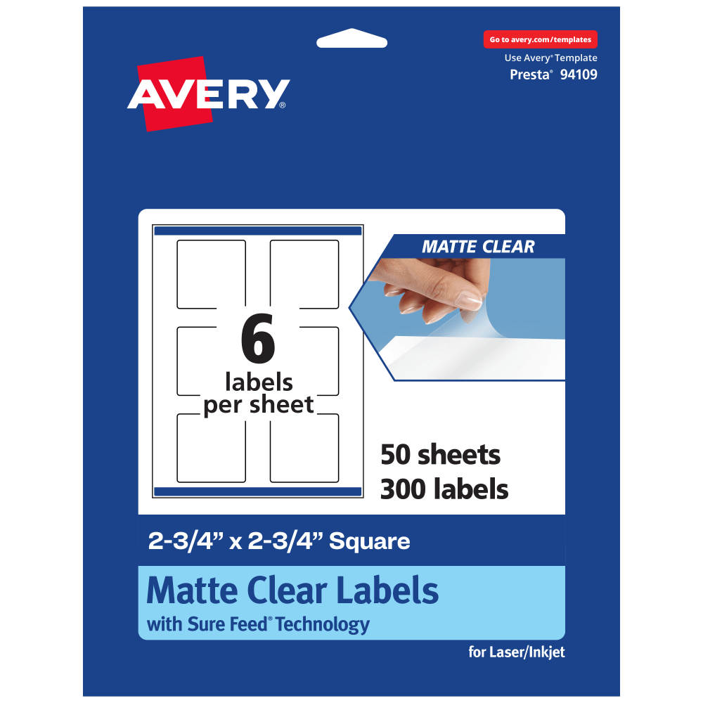 Avery Permanent Labels With Sure Feed, 94109-CMF50, Square, 2-3/4in x 2-3/4in, Matte Clear, Pack Of 300 MPN:94109-CMF50