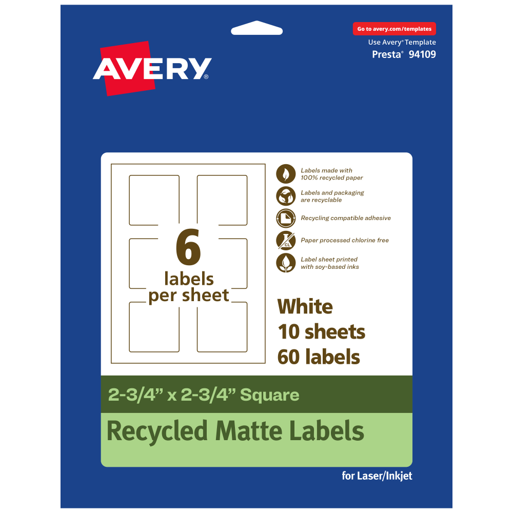 Avery Recycled Paper Labels, 94109-EWMP10, Square, 2-3/4in x 2-3/4in, White, Pack Of 60 MPN:94109-EWMP10
