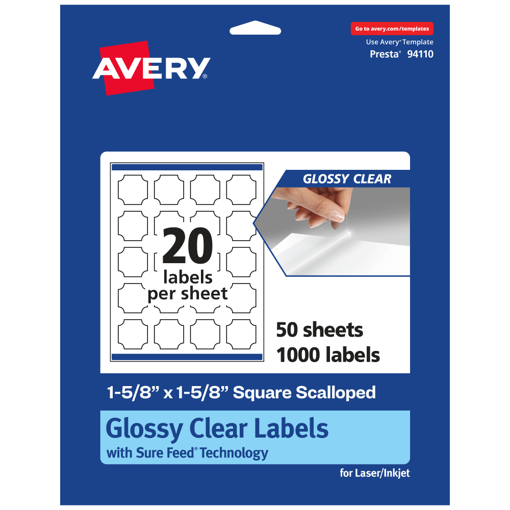 Avery Glossy Permanent Labels With Sure Feed, 94110-CGF50, Square Scalloped, 1-5/8in x 1-5/8in, Clear, Pack Of 1, 000 MPN:94110-CGF50