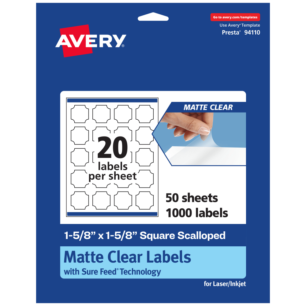 Avery Permanent Labels With Sure Feed, 94110-CMF50, Square Scalloped, 1-5/8in x 1-5/8in, Matte Clear, Pack Of 1, 000 MPN:94110-CMF50