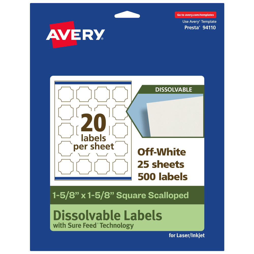 Avery Print-to-the-Edge Dissolvable Labels With Sure Feed Technology, 94110-DWMP25, Square Scalloped, 1-5/8inx1-5/8in, Matte Off-White, Pack Of 500 MPN:94110-DWMP25