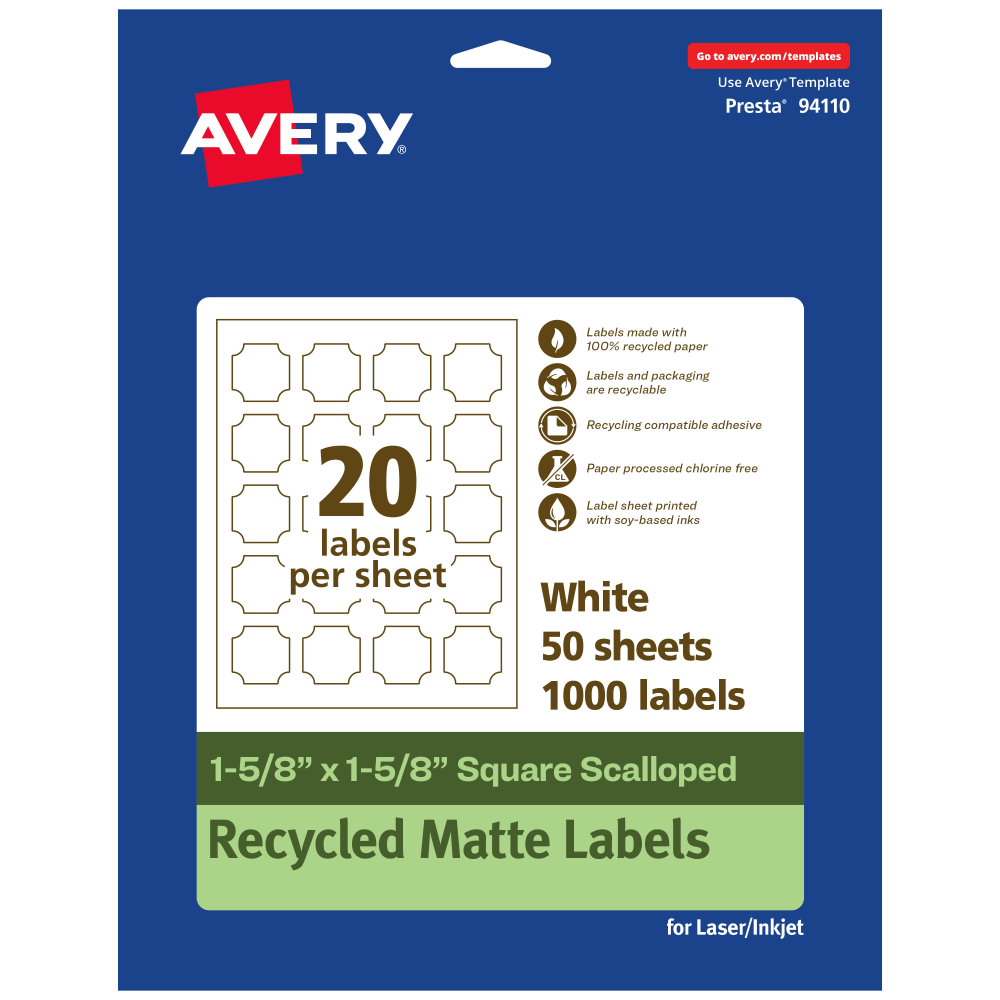 Avery Recycled Paper Labels, 94110-EWMP50, Square Scalloped, 1-5/8in x 1-5/8in, White, Pack Of 1000 MPN:94110-EWMP50