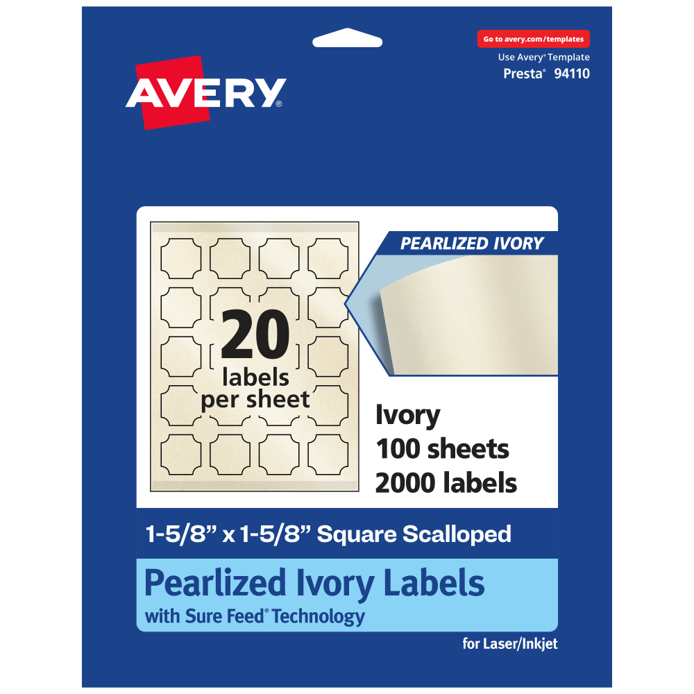Avery Pearlized Permanent Labels With Sure Feed, 94110-PIP100, Square Scalloped, 1-5/8in x 1-5/8in, Ivory, Pack Of 2, 000 Labels MPN:94110-PIP100