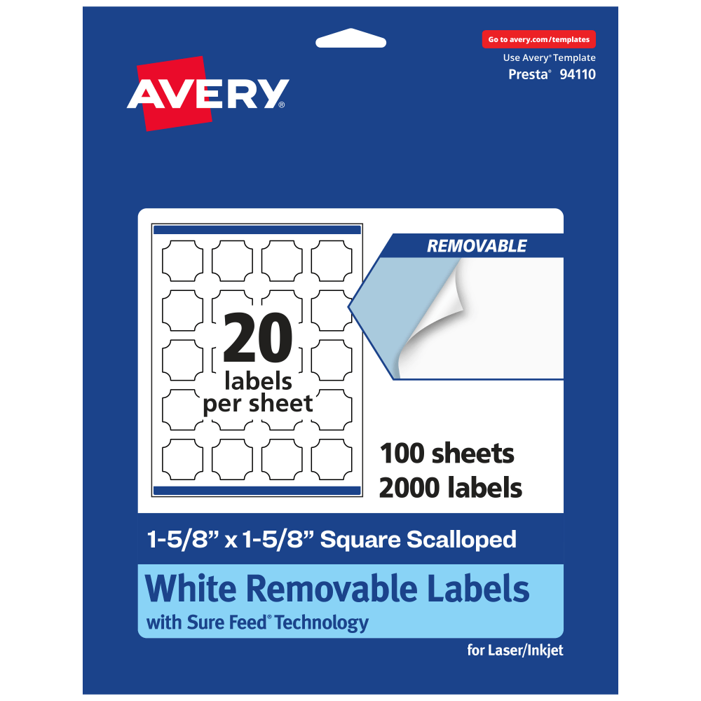 Avery Removable Labels With Sure Feed, 94110-RMP100, Square Scalloped, 1-5/8in x 1-5/8in, White, Pack Of 2, 000 Labels MPN:94110-RMP100