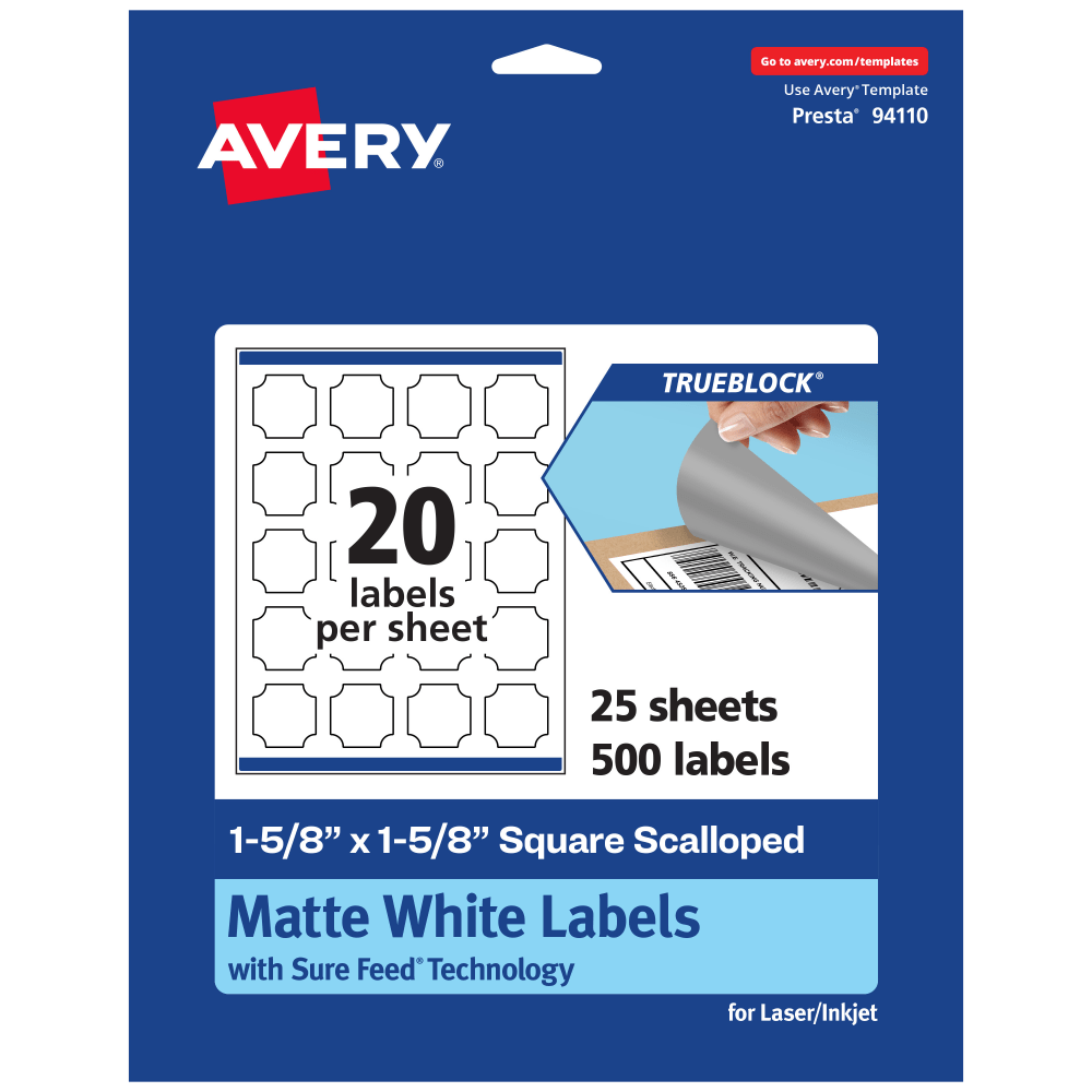 Avery Print-To-The-Edge TrueBlock Labels With Sure Feed, 94110-TWMP25, Square Scalloped, 1-5/8in x 1-5/8in, Matte White, Pack Of 500 MPN:94110-TWMP25