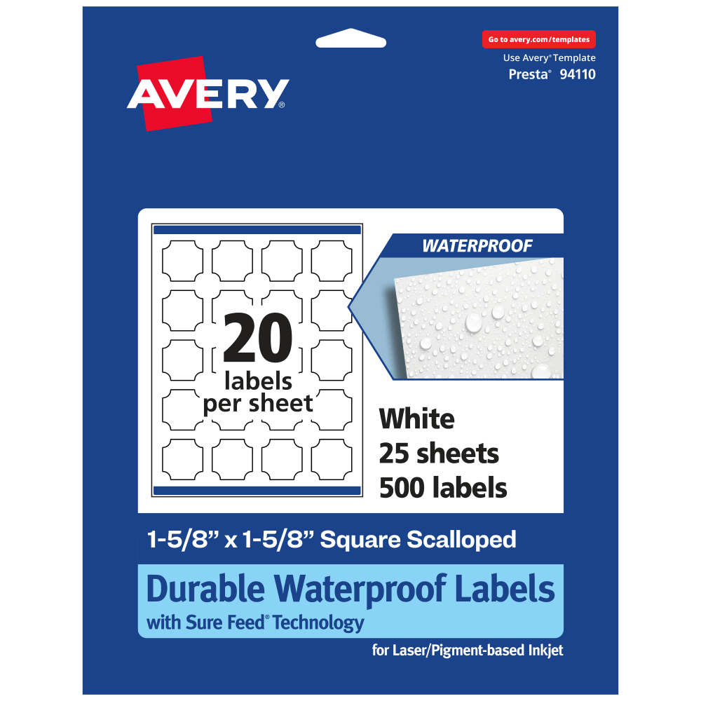 Avery Waterproof Permanent Labels With Sure Feed, 94110-WMF25, Square Scalloped, 1-5/8in x 1-5/8in, White, Pack Of 500 MPN:94110-WMF25