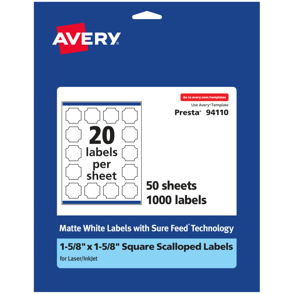 Avery Permanent Labels With Sure Feed, 94110-WMP50, Square Scalloped, 1-5/8in x 1-5/8in, White, Pack Of 1, 000 MPN:94110-WMP50