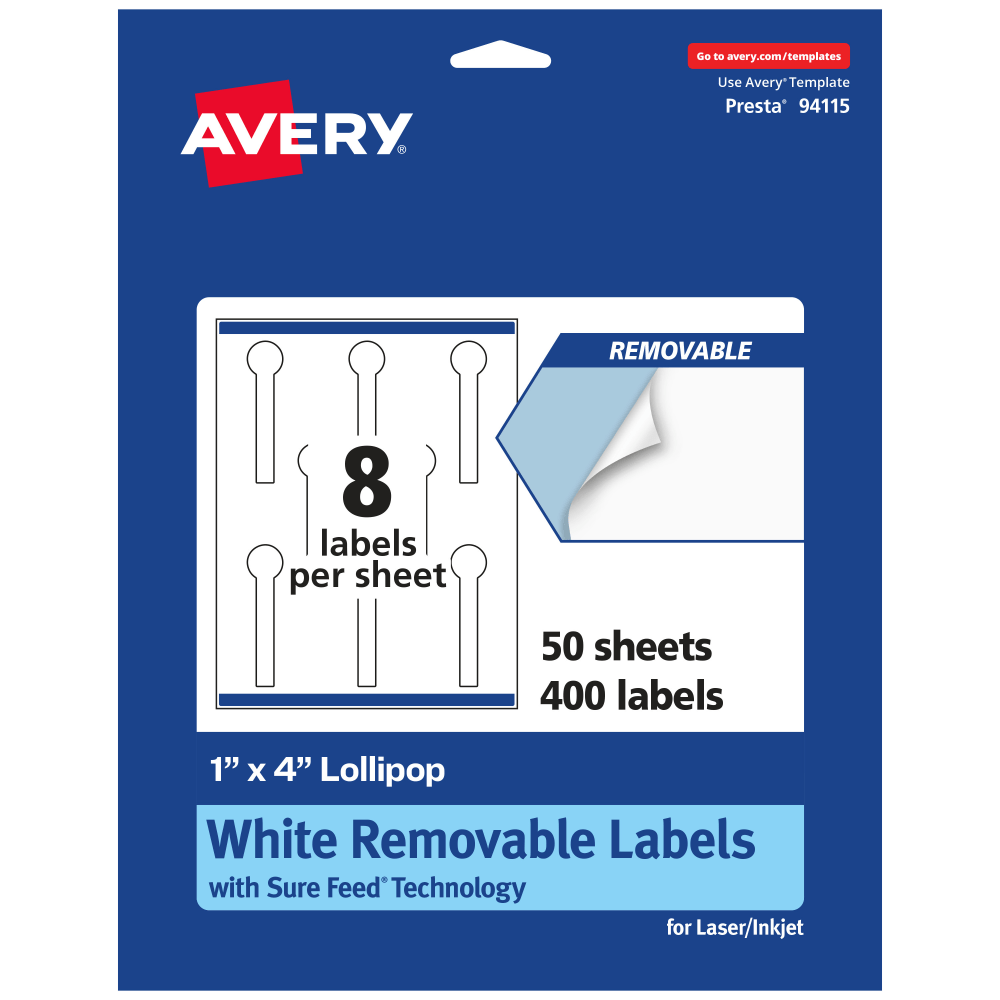 Avery Removable Labels With Sure Feed, 94115-RMP50, Lollipop, 1in x 4in, White, Pack Of 400 Labels MPN:94115-RMP50