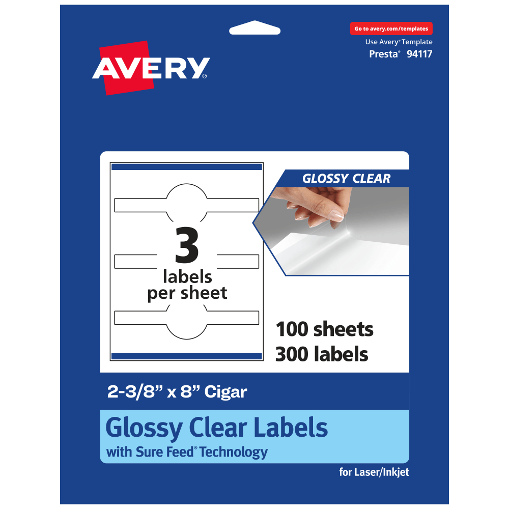 Avery Glossy Permanent Labels With Sure Feed, 94117-CGF100, Cigar, 2-3/8in x 8in, Clear, Pack Of 300 MPN:94117-CGF100