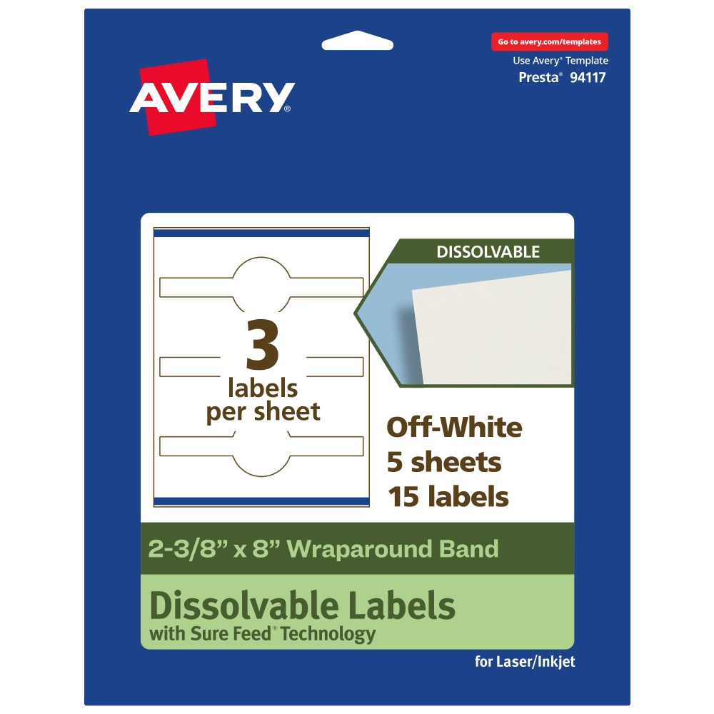 Avery Dissolvable Labels With Sure Feed Technology, 94117-DWMP5, Cigar, 2-3/8inx8in, Matte Off-White, Pack Of 15 MPN:94117-DWMP5
