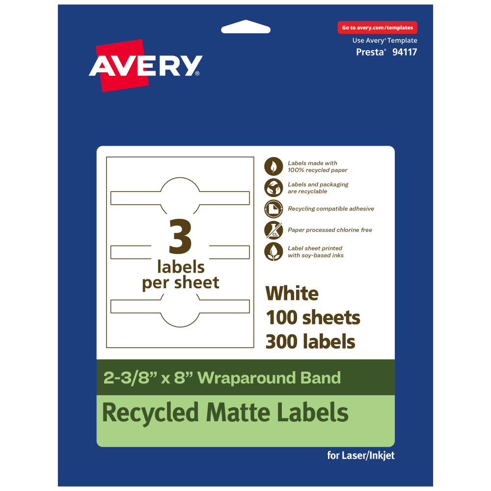 Avery Recycled Paper Labels, 94117-EWMP100, Cigar, 2-3/8in x 8in, White, Pack Of 300 MPN:94117-EWMP100