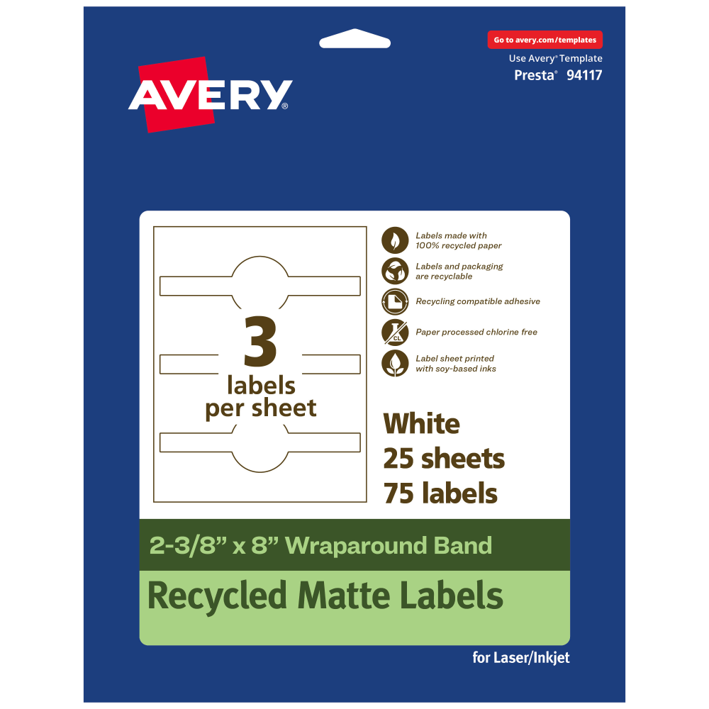 Avery Recycled Paper Labels, 94117-EWMP25, Cigar, 2-3/8in x 8in, White, Pack Of 75 MPN:94117-EWMP25