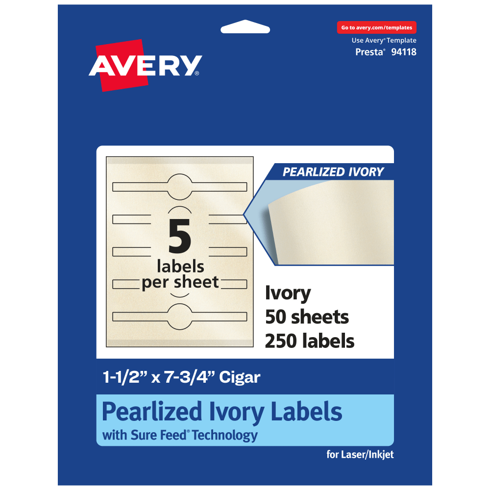 Avery Pearlized Permanent Labels With Sure Feed, 94118-PIP50, Cigar, 1-1/2in x 7-3/4in, Ivory, Pack Of 250 Labels MPN:94118-PIP50