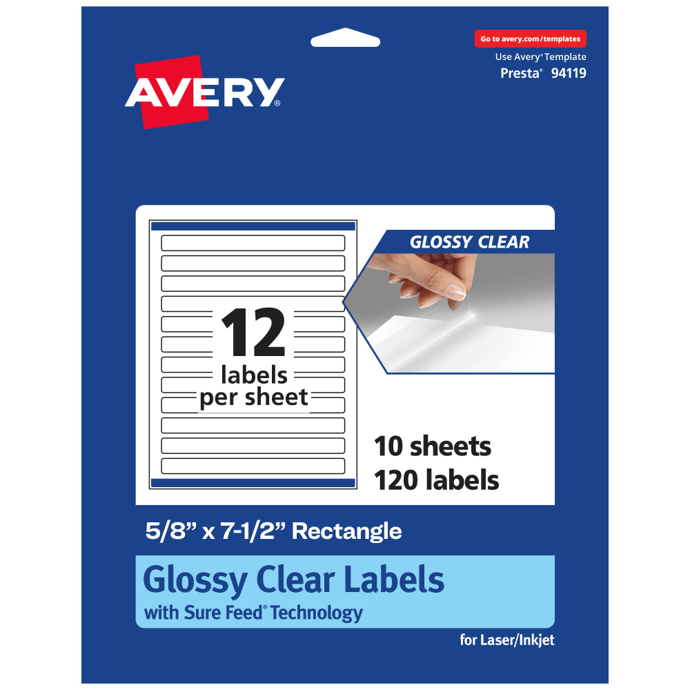 Avery Glossy Permanent Labels With Sure Feed, 94119-CGF10, Rectangle, 5/8in x 7-1/2in, Clear, Pack Of 120 MPN:94119-CGF10