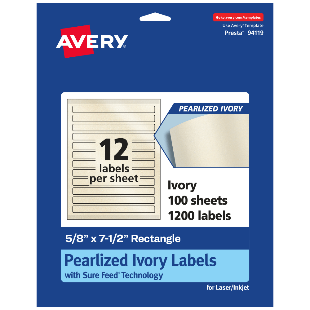 Avery Pearlized Permanent Labels With Sure Feed, 94119-PIP100, Rectangle, 5/8in x 7-1/2in, Ivory, Pack Of 1, 200 Labels MPN:94119-PIP100