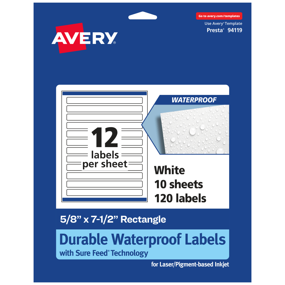 Avery Waterproof Permanent Labels With Sure Feed, 94119-WMF10, Rectangle, 5/8in x 7-1/2in, White, Pack Of 120 MPN:94119-WMF10