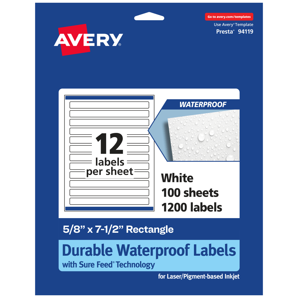 Avery Waterproof Permanent Labels With Sure Feed, 94119-WMF100, Rectangle, 5/8in x 7-1/2in, White, Pack Of 1, 200 MPN:94119-WMF100
