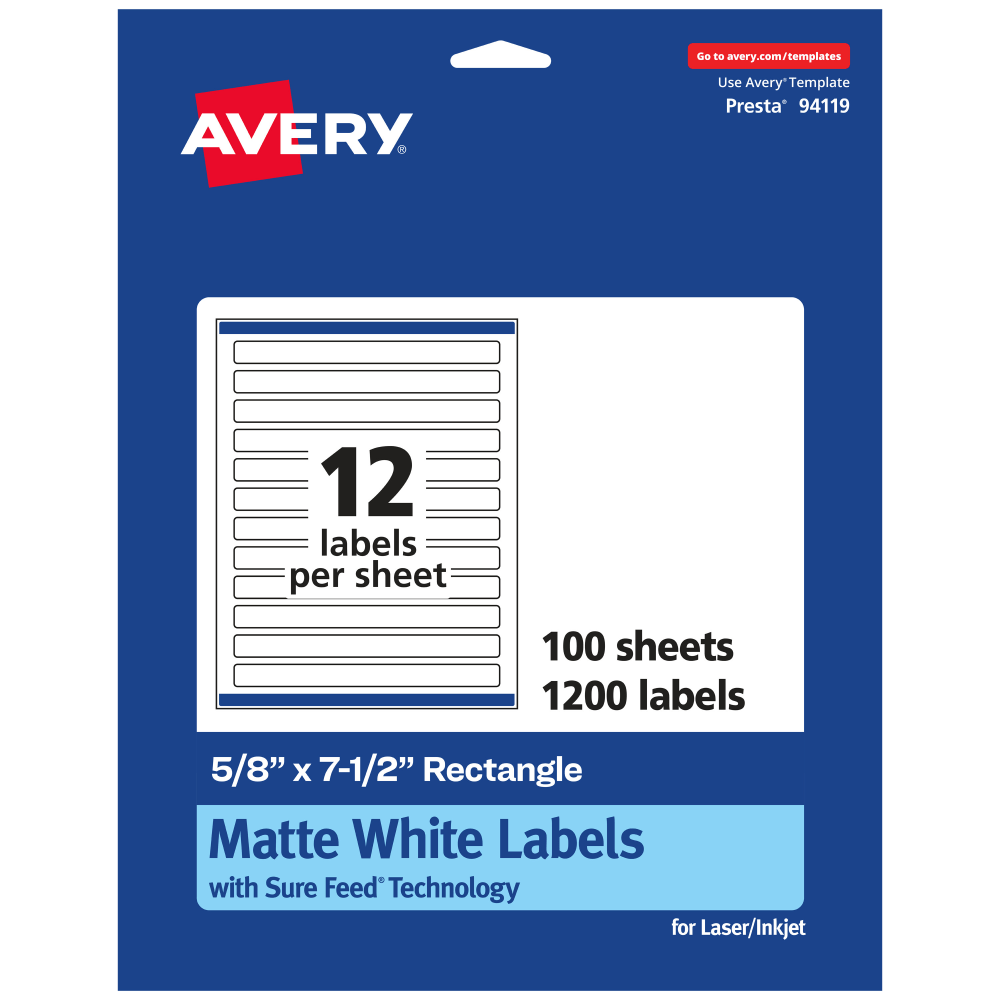 Avery Permanent Labels With Sure Feed, 94119-WMP100, Rectangle, 5/8in x 7-1/2in, White, Pack Of 1, 200 MPN:94119-WMP100