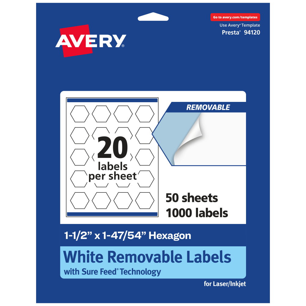 Avery Removable Labels With Sure Feed, 94120-RMP50, Hexagon, 1-1/2in x 1-47/54in, White, Pack Of 1, 000 Labels MPN:94120-RMP50
