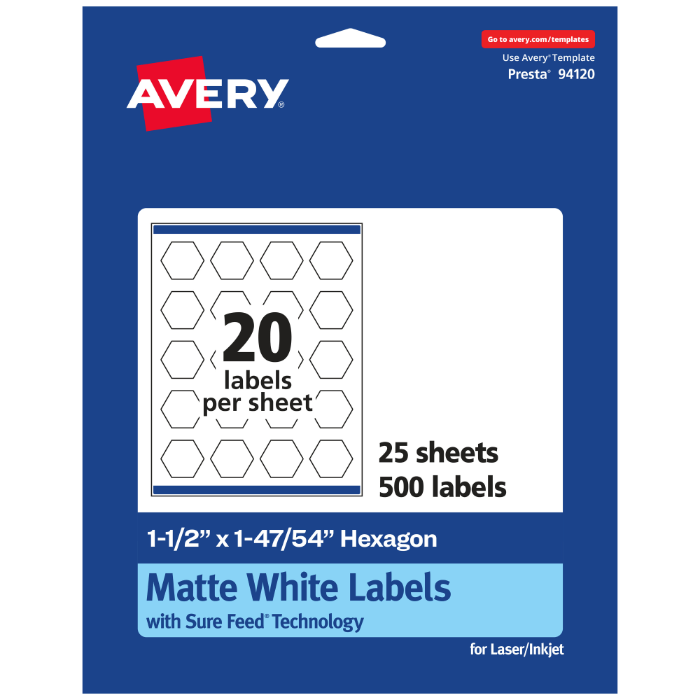 Avery Permanent Labels With Sure Feed, 94120-WMP25, Hexagon, 1-1/2in x 1-47/54in, White, Pack Of 500 MPN:94120-WMP25