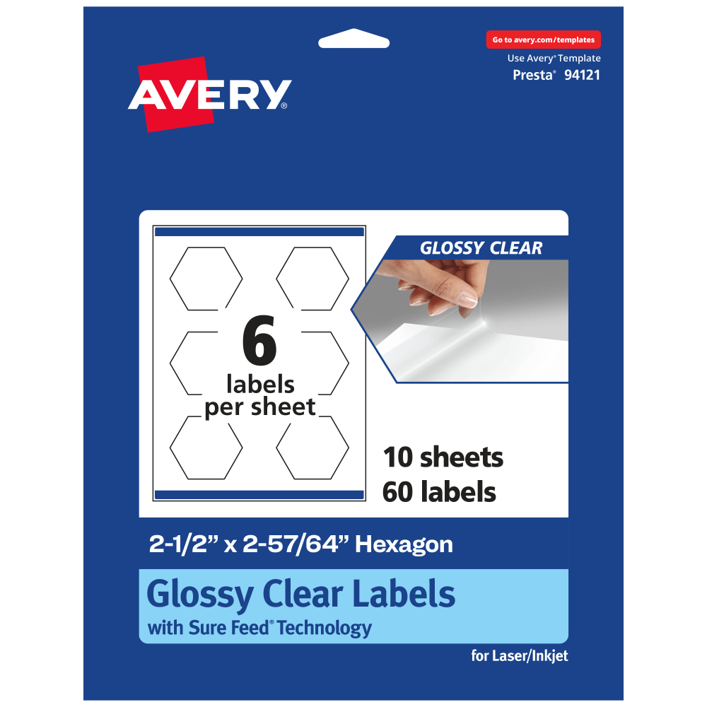 Avery Glossy Permanent Labels With Sure Feed, 94121-CGF10, Hexagon, 2-1/2in x 2-57/64in, Clear, Pack Of 60 MPN:94121-CGF10