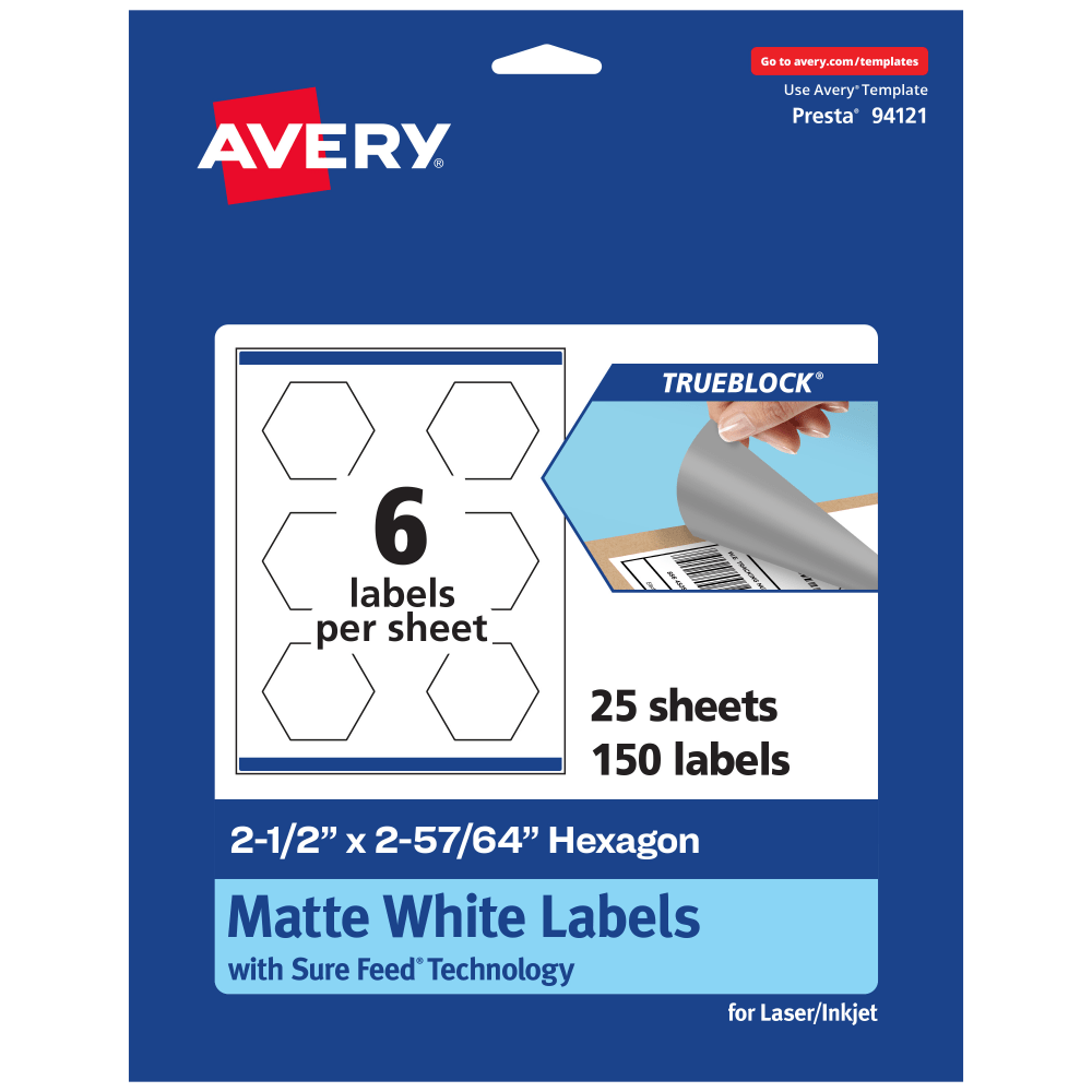 Avery Print-To-The-Edge TrueBlock Labels With Sure Feed, 94121-TWMP25, Hexagon, 2-1/2in x 2-57/64in, Matte White, Pack Of 150 MPN:94121-TWMP25