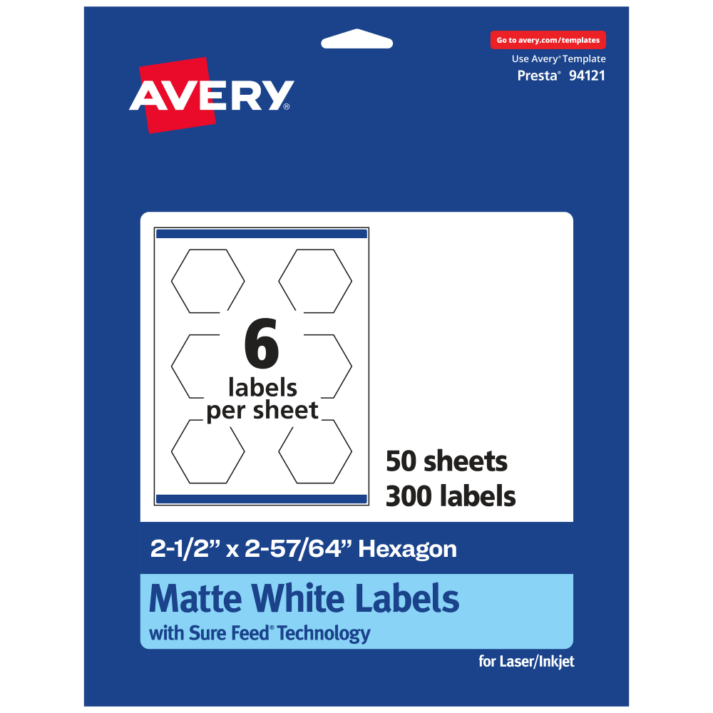 Avery Permanent Labels With Sure Feed, 94121-WMP50, Hexagon, 2-1/2in x 2-57/64in, White, Pack Of 300 MPN:94121-WMP50
