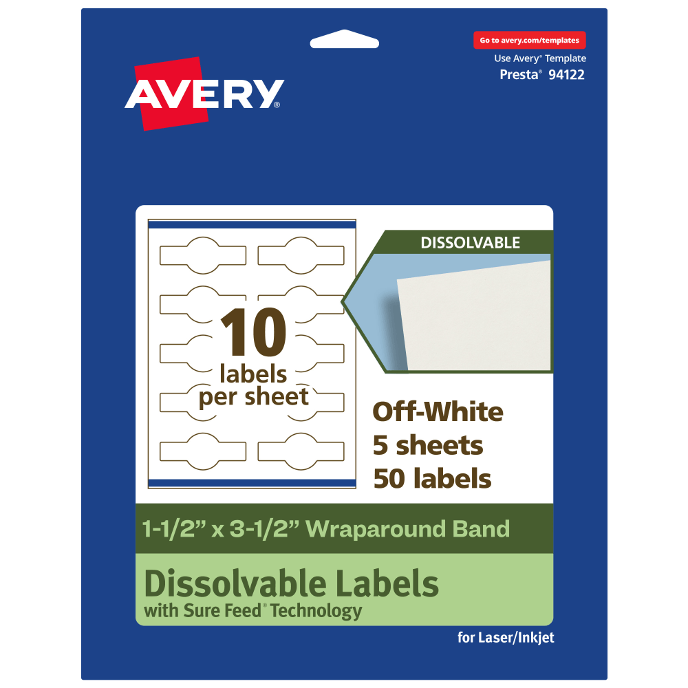Avery Print-to-the-Edge Dissolvable Labels With Sure Feed Technology, 94122-DWMP5, Cigar, 1-1/2inx3-1/2in, Matte Off-White, Pack Of 50 MPN:94122-DWMP5