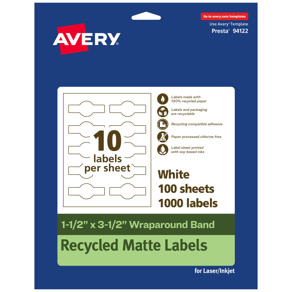 Avery Recycled Paper Labels, 94122-EWMP100, Cigar, 1-1/2in x 3-1/2in, White, Pack Of 1000 MPN:94122-EWMP100
