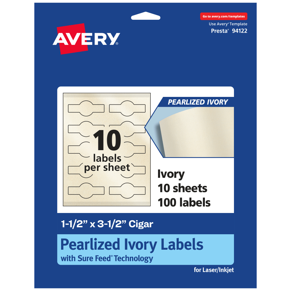 Avery Pearlized Permanent Labels With Sure Feed, 94122-PIP10, Cigar, 1-1/2in x 3-1/2in, Ivory, Pack Of 100 Labels MPN:94122-PIP10