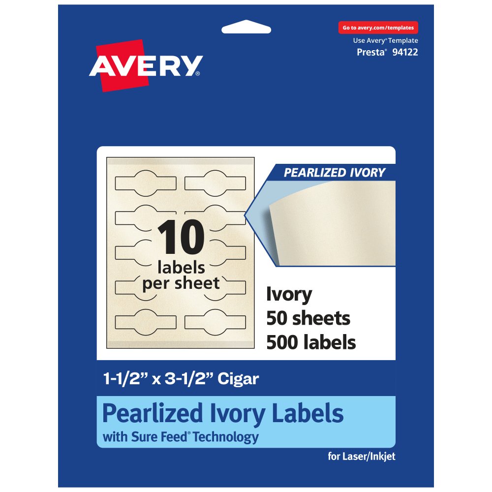 Avery Pearlized Permanent Labels With Sure Feed, 94122-PIP50, Cigar, 1-1/2in x 3-1/2in, Ivory, Pack Of 500 Labels MPN:94122-PIP50