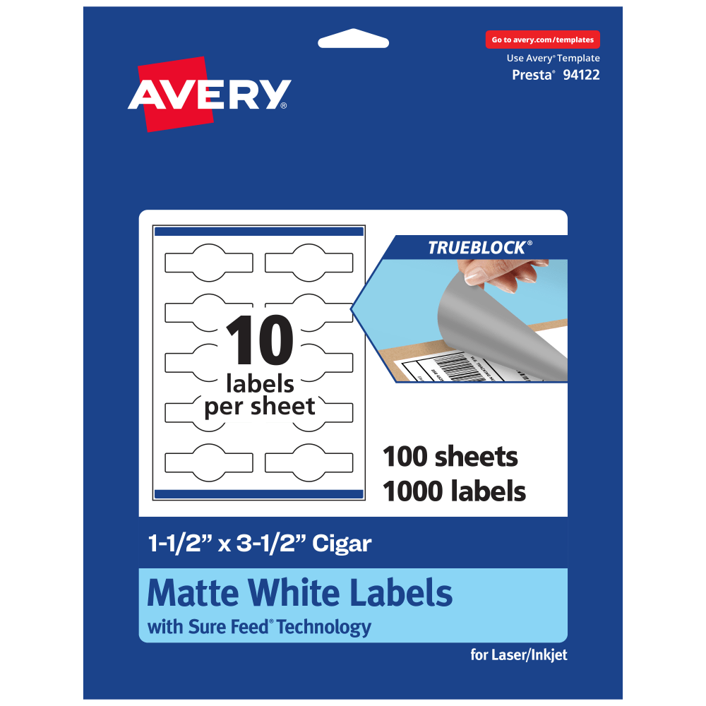 Avery Print-To-The-Edge TrueBlock Labels With Sure Feed, 94122-TWMP100, Cigar, 1-1/2in x 3-1/2in, Matte White, Pack Of 1000 MPN:94122-TWMP100