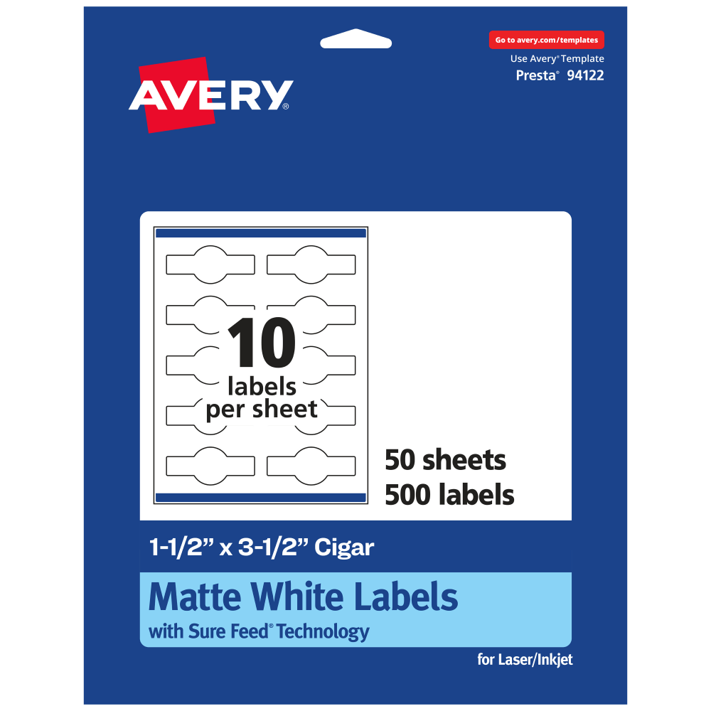 Avery Permanent Labels With Sure Feed, 94122-WMP50, Cigar, 1-1/2in x 3-1/2in, White, Pack Of 500 MPN:94122-WMP50