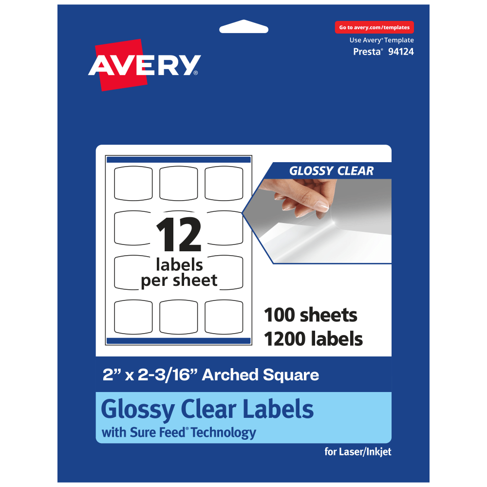 Avery Glossy Permanent Labels With Sure Feed, 94124-CGF100, Arched Square, 2in x 2-3/16in, Clear, Pack Of 1, 200 MPN:94124-CGF100