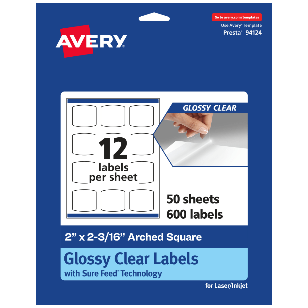 Avery Glossy Permanent Labels With Sure Feed, 94124-CGF50, Arched Square, 2in x 2-3/16in, Clear, Pack Of 600 MPN:94124-CGF50