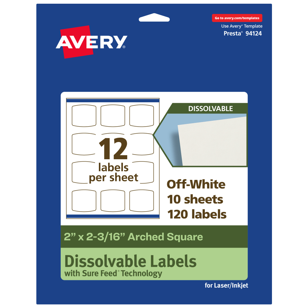 Avery Print-to-the-Edge Dissolvable Labels With Sure Feed Technology, 94124-DWMP10, Arched Square, 2inx2-3/16in, Matte Off-White, Pack Of 120 MPN:94124-DWMP10