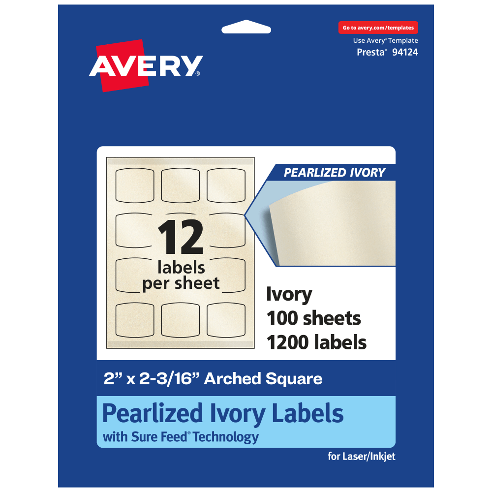 Avery Pearlized Permanent Labels With Sure Feed, 94124-PIP100, Arched Square, 2in x 2-3/16in, Ivory, Pack Of 1, 200 Labels MPN:94124-PIP100