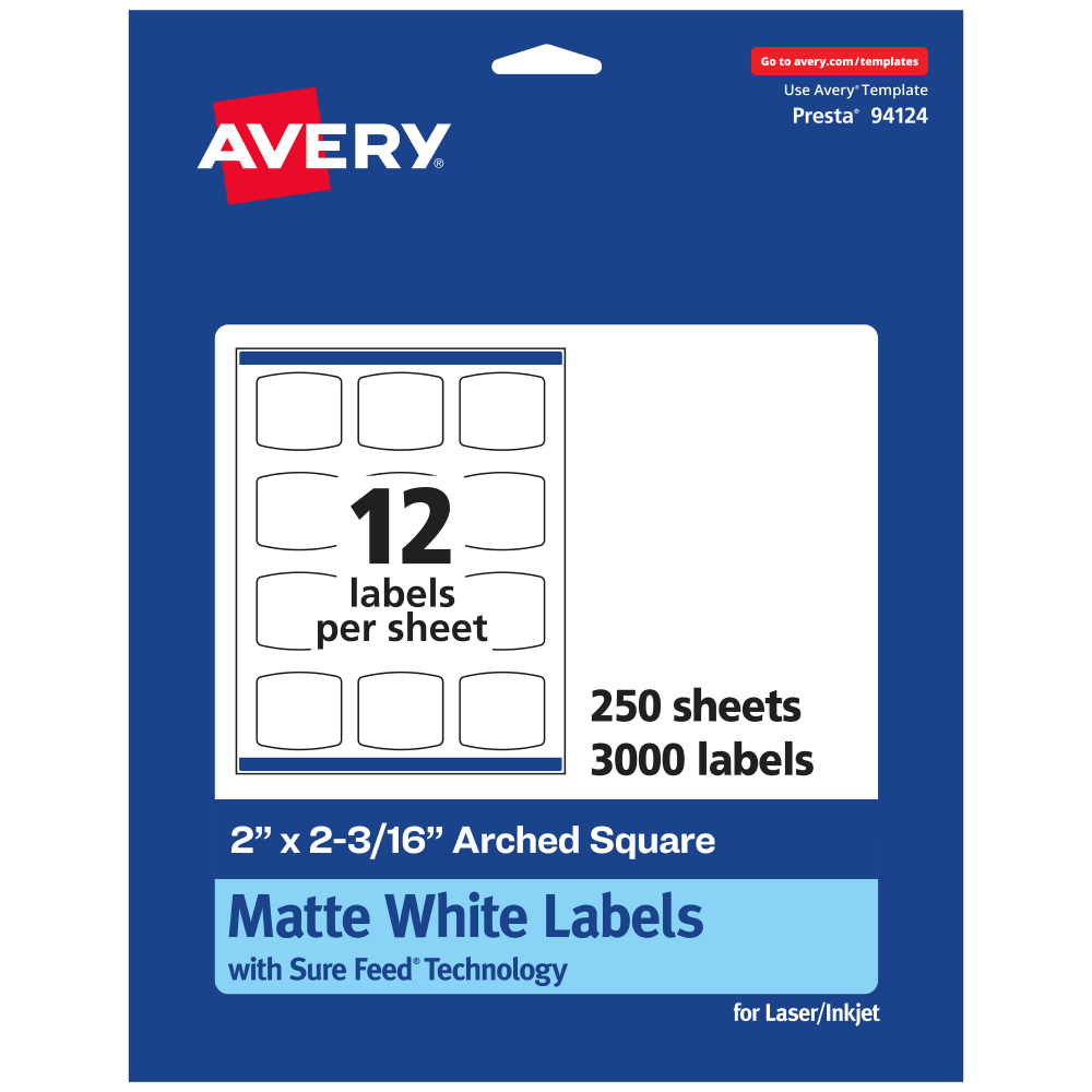 Avery Permanent Labels With Sure Feed, 94124-WMP250, Arched Square, 2in x 2-3/16in, White, Pack Of 3, 000 MPN:94124-WMP250