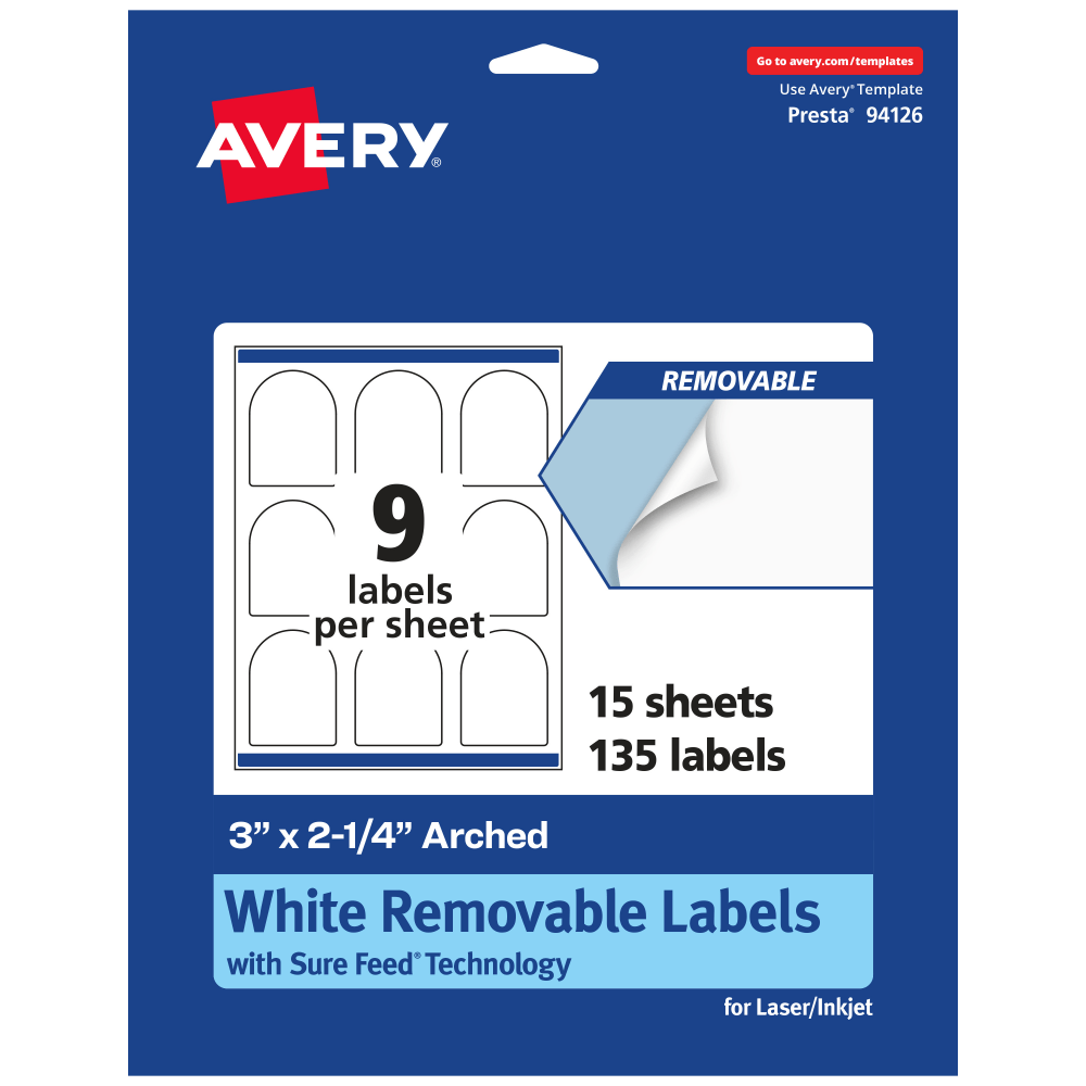 Avery Removable Labels With Sure Feed, 94126-RMP15, Arched, 3in x 2-1/4in, White, Pack Of 135 Labels MPN:94126-RMP15