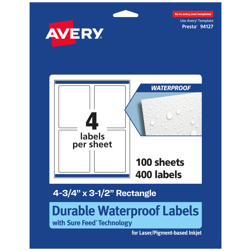 Avery Waterproof Permanent Labels With Sure Feed, 94127-WMF100, Rectangle, 4-3/4in x 3-1/2in, White, Pack Of 400 MPN:94127-WMF100