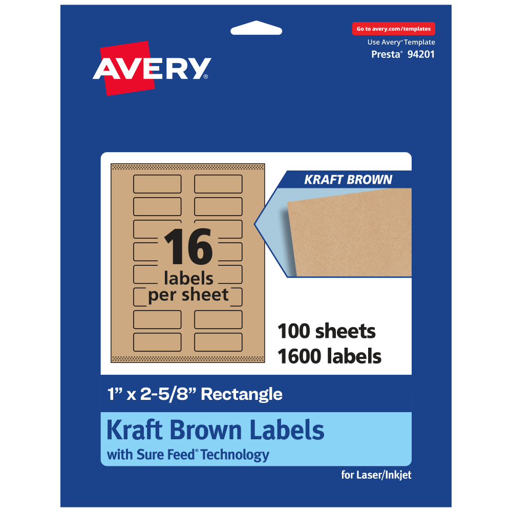 Avery Kraft Permanent Labels With Sure Feed, 94201-KMP100, Rectangle, 1in x 2-5/8in, Brown, Pack Of 1, 600 MPN:94201-KMP100