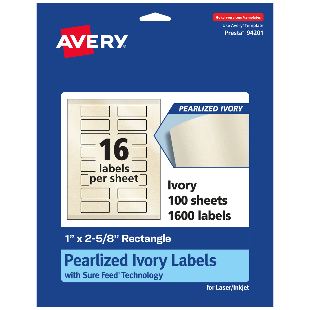 Avery Pearlized Permanent Labels With Sure Feed, 94201-PIP100, Rectangle, 1in x 2-5/8in, Ivory, Pack Of 1, 600 Labels MPN:94201-PIP100