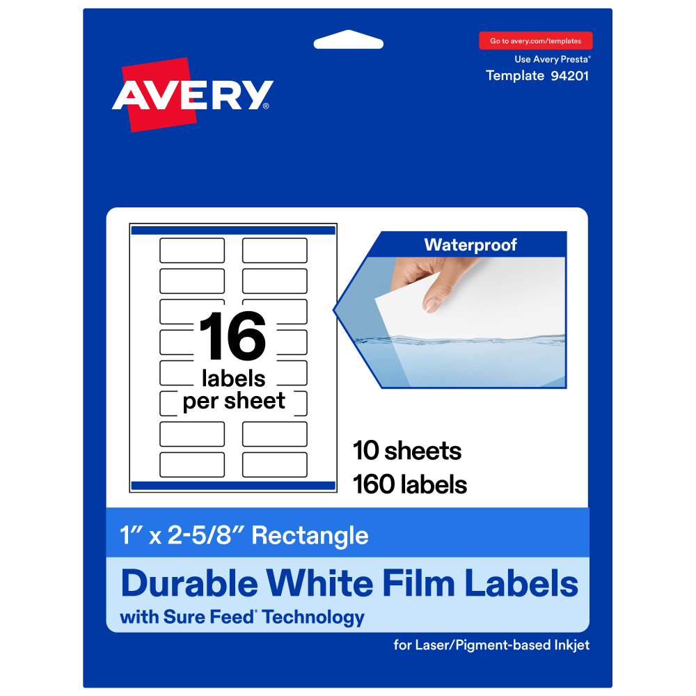 Avery Waterproof Permanent Labels With Sure Feed, 94201-WMF10, Rectangle, 1in x 2-5/8in, White, Pack Of 160 MPN:94201-WMF10