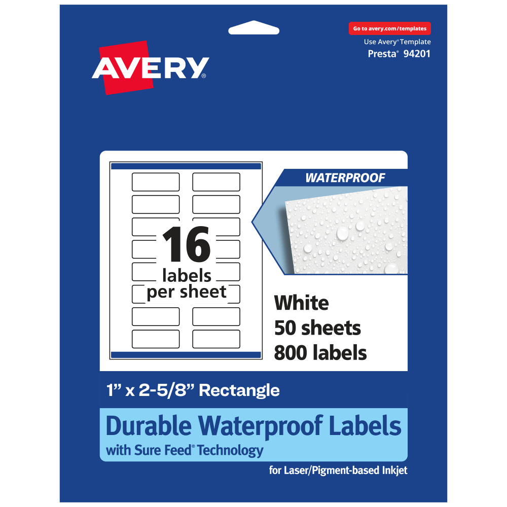 Avery Waterproof Permanent Labels With Sure Feed, 94201-WMF50, Rectangle, 1in x 2-5/8in, White, Pack Of 800 MPN:94201-WMF50