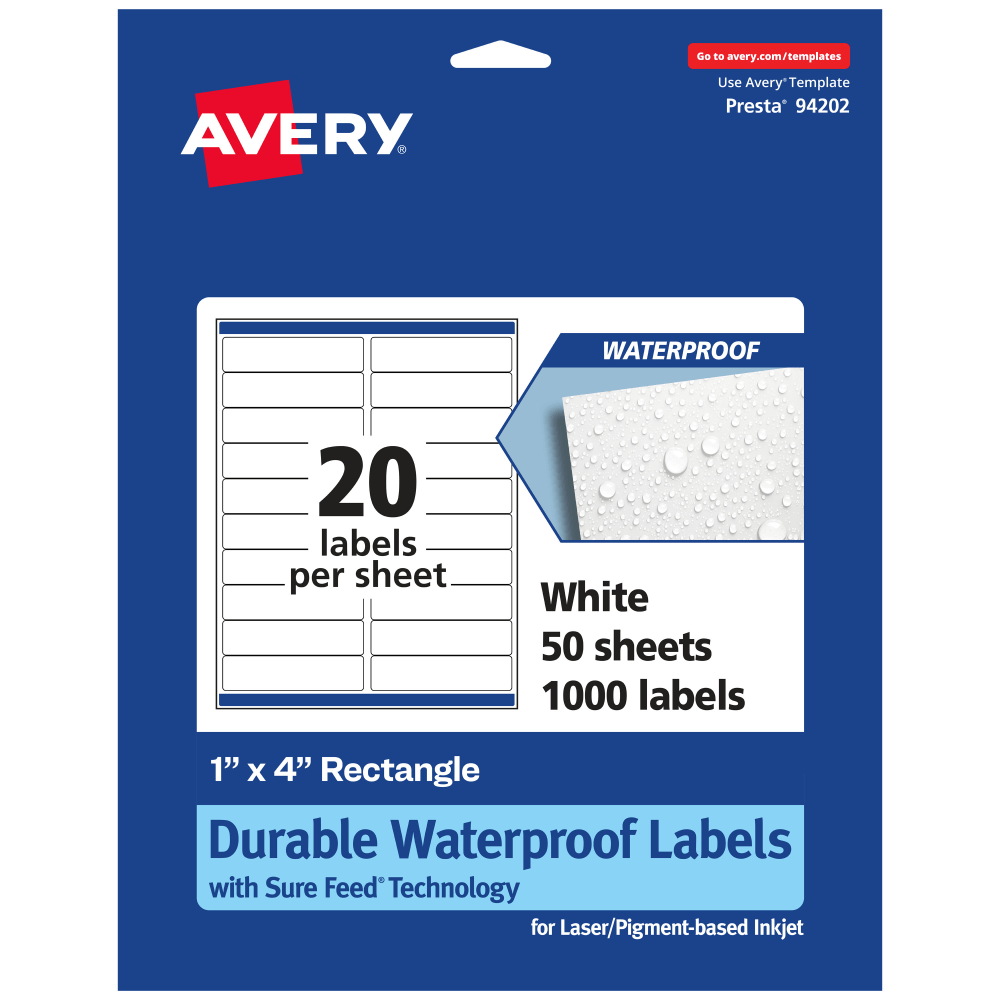 Avery Waterproof Permanent Labels With Sure Feed, 94202-WMF50, Rectangle, 1in x 4in, White, Pack Of 1, 000 MPN:94202-WMF50