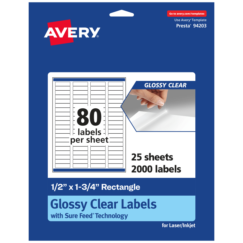 Avery Glossy Permanent Labels With Sure Feed, 94203-CGF25, Rectangle, 1/2in x 1-3/4in, Clear, Pack Of 2, 000 MPN:94203-CGF25