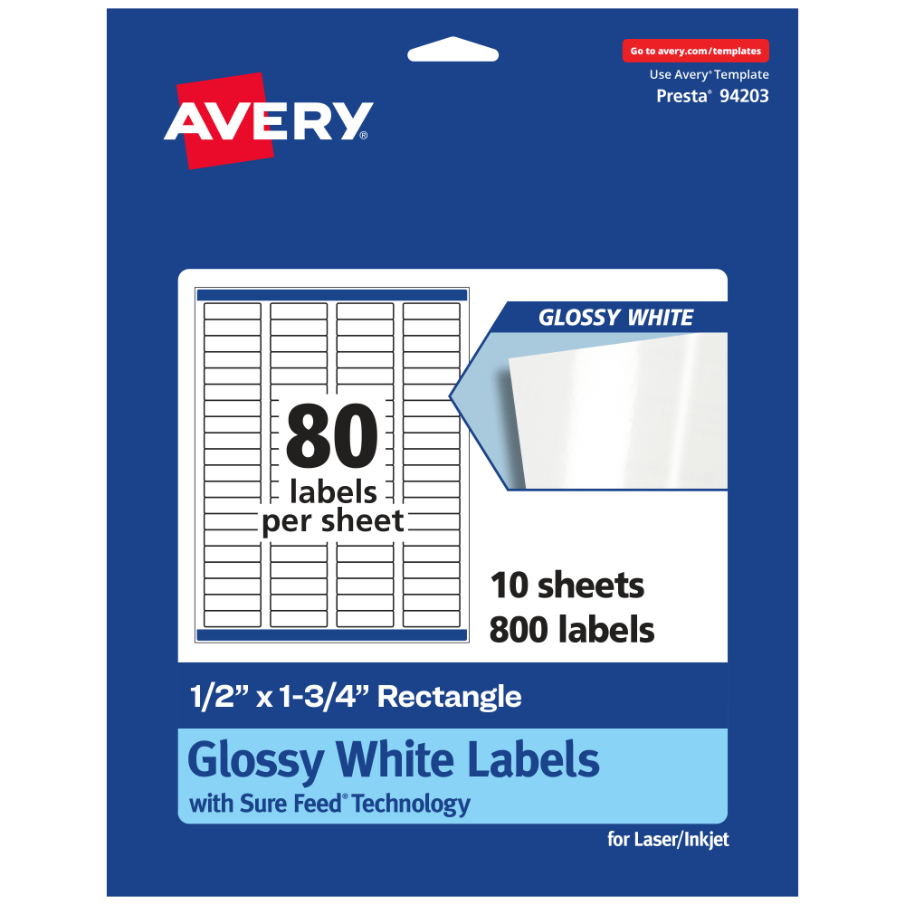 Avery Glossy Permanent Labels With Sure Feed, 94203-WGP10, Rectangle, 1/2in x 1-3/4in, White, Pack Of 800 MPN:94203-WGP10