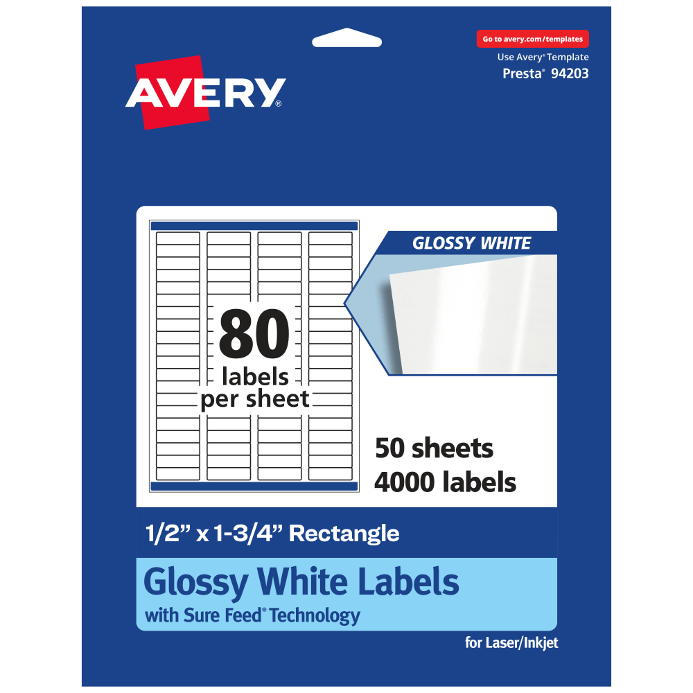 Avery Glossy Permanent Labels With Sure Feed, 94203-WGP50, Rectangle, 1/2in x 1-3/4in, White, Pack Of 4, 000 MPN:94203-WGP50
